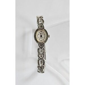 Vtg Supreme Sarah Cov Marcasite Silver Toned Metal Heart Shape Band Watch 7.5" L